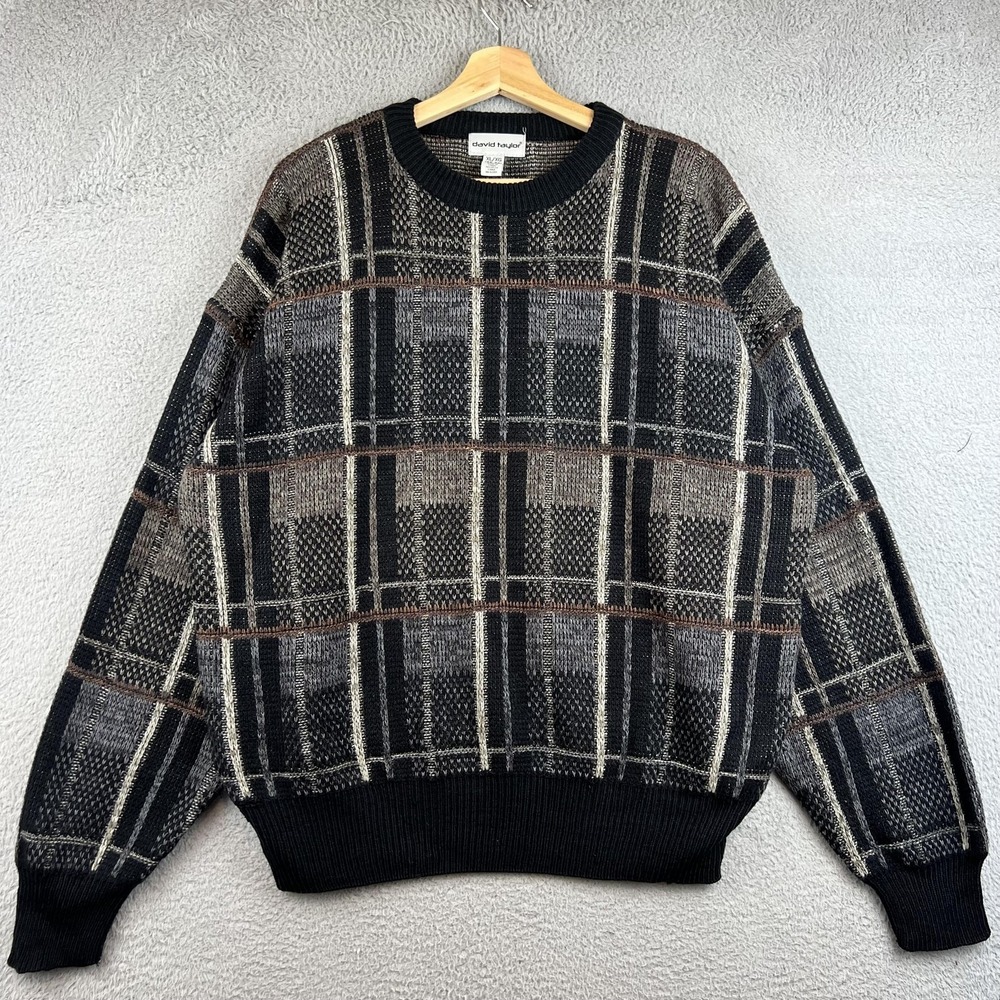 David Taylor Sweater Mens XL Black Geometric Knit Crewneck Pullover Acrylic